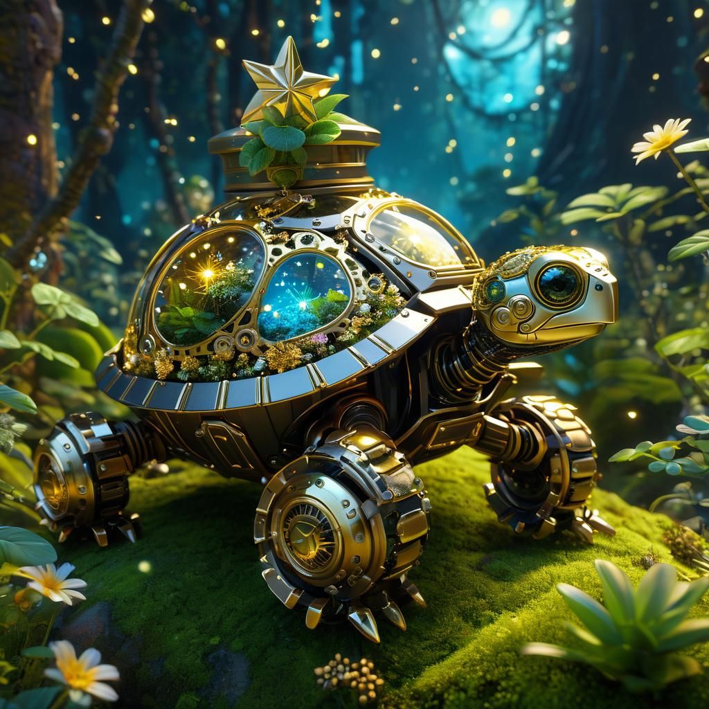 Steampunk Robot Turtle in Enchanted Forest