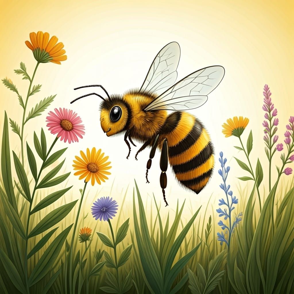 Bee in Wildflower Field, Picture Book Illustration