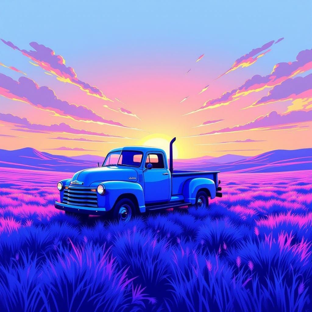 Surreal Truck in Ultraviolet Grasslands