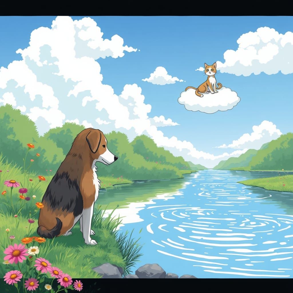 Dog, Cat, and River in Anime Style