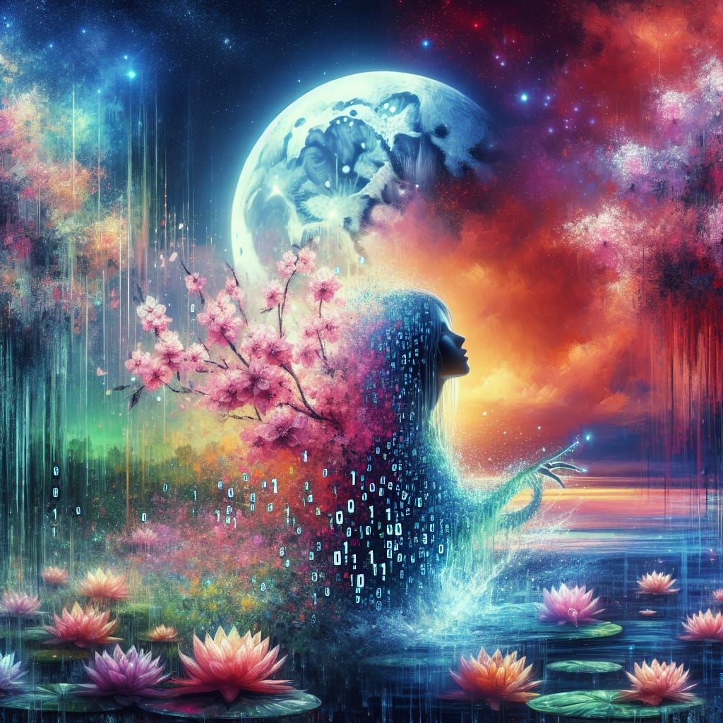 Binary Code Dream Cherry Blossom Fairy Moon lotus pond stars