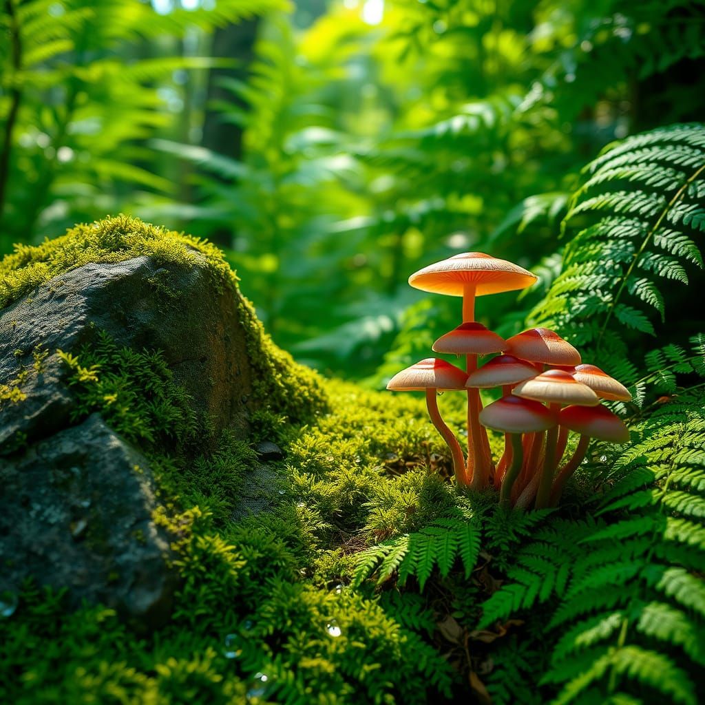 Emerald Moss and Amethyst Mushrooms in a Lush Forest