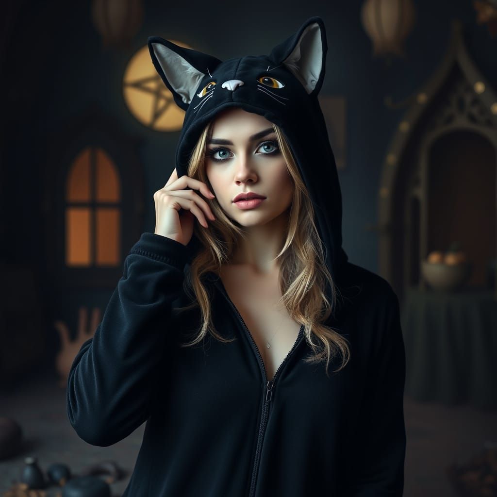 Woman in Whimsical Black Cat Onesie, Inspired by Fantastical...