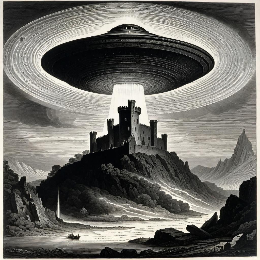 Castle Ruins Attacked by Spaceship: Etching Style