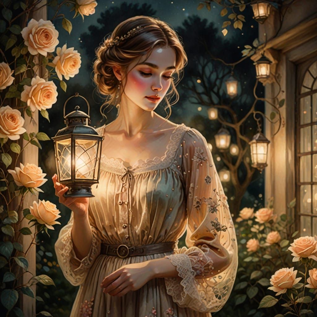 Vintage Night Garden Watercolor Painting