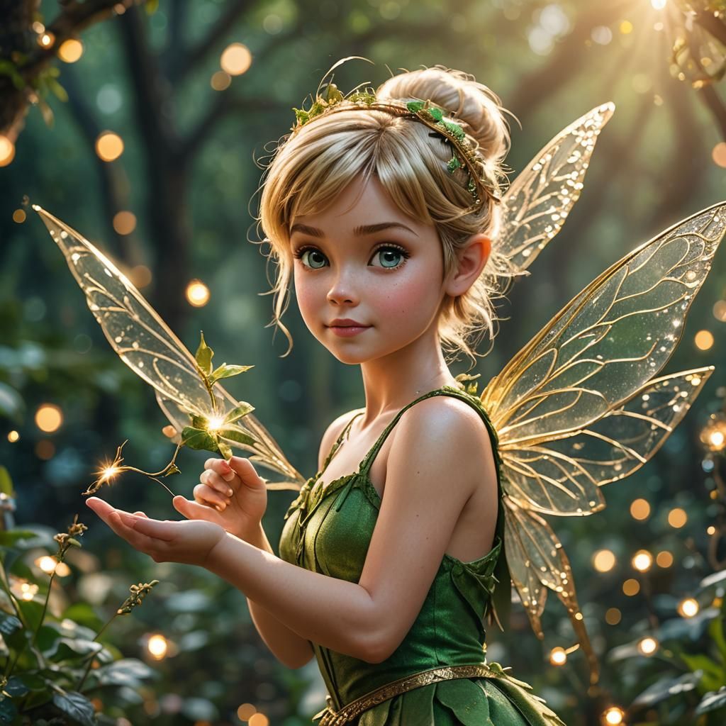 realistic photograph of real life tinkerbell, hdr, intricate details, 24K resolution, bokeh, bohemian flair, Nikon, phot...