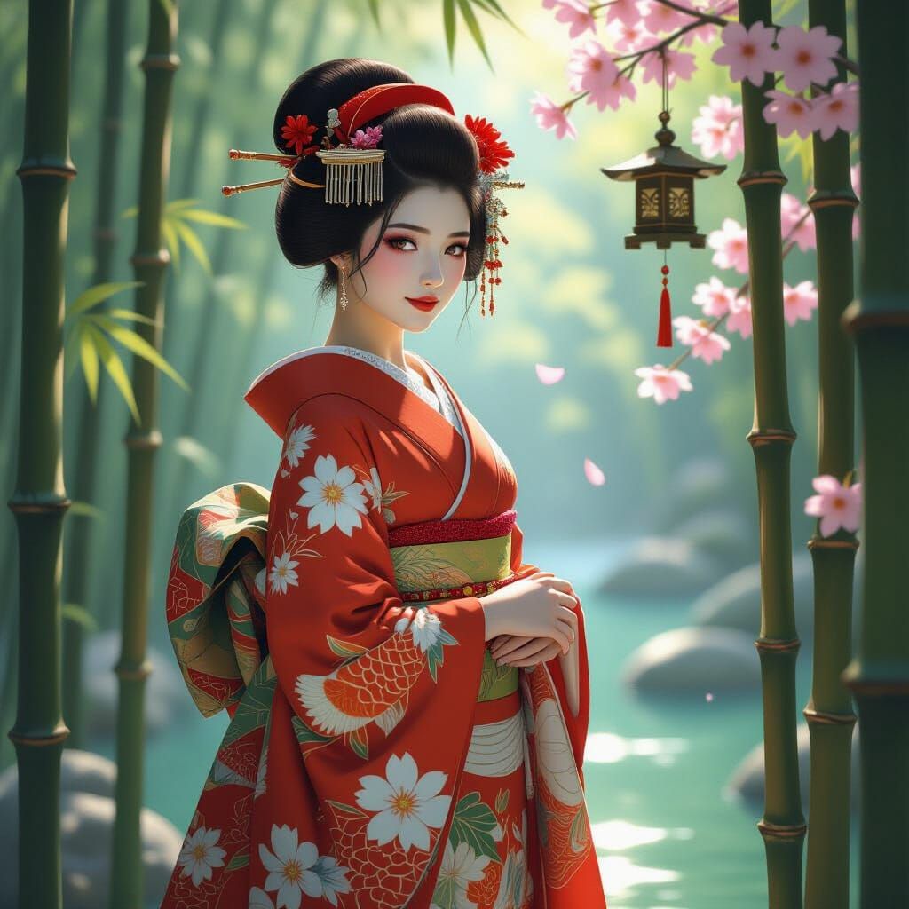 Geisha in Bamboo Forest: Art Nouveau Style