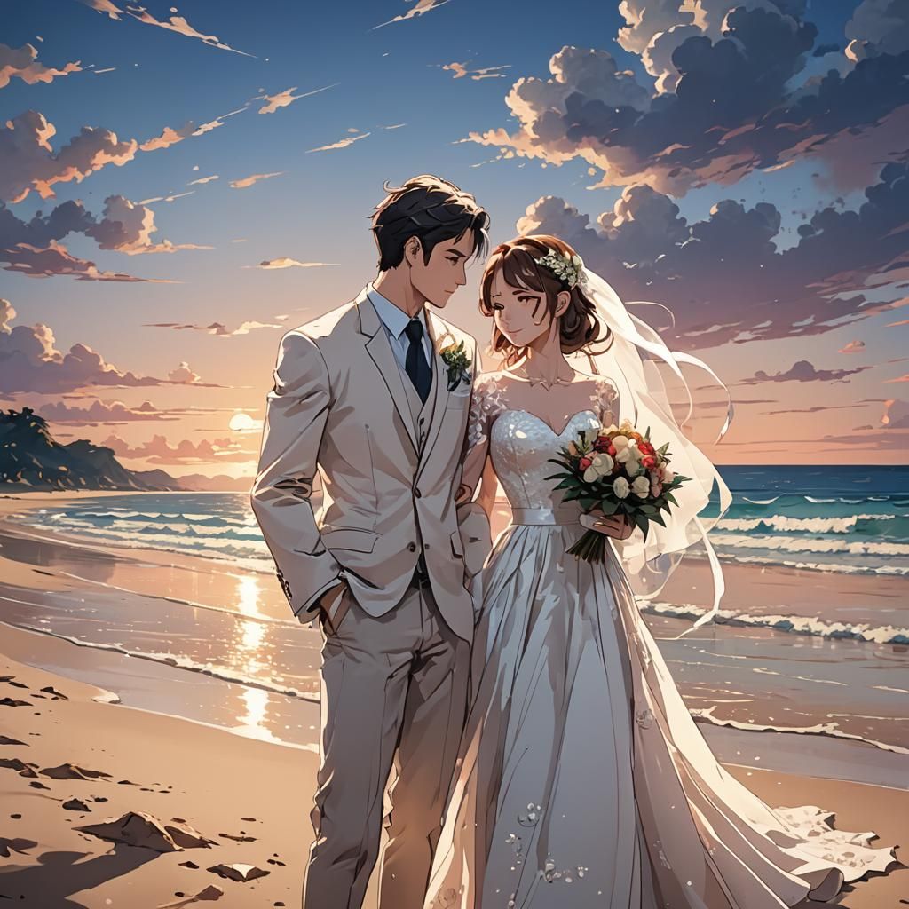 Anime Style Newlyweds on a Beach
