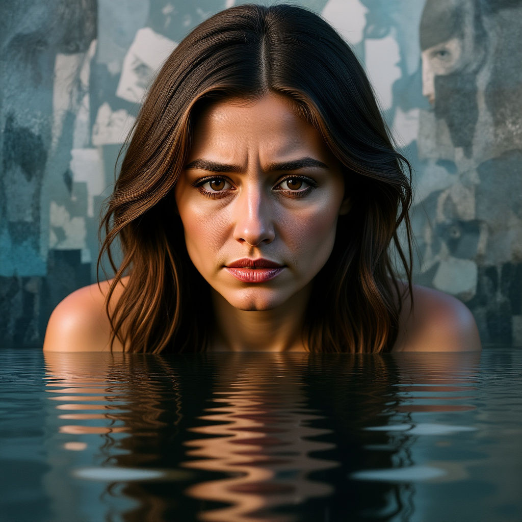 Mosaic Woman Weeping into Reflective Water