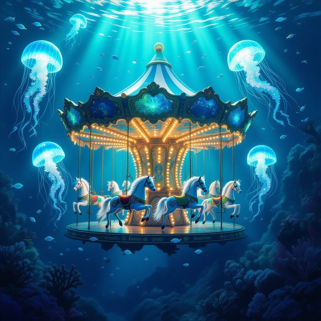 Bioluminescent Jellyfish Carousel in Deep Sea Trench