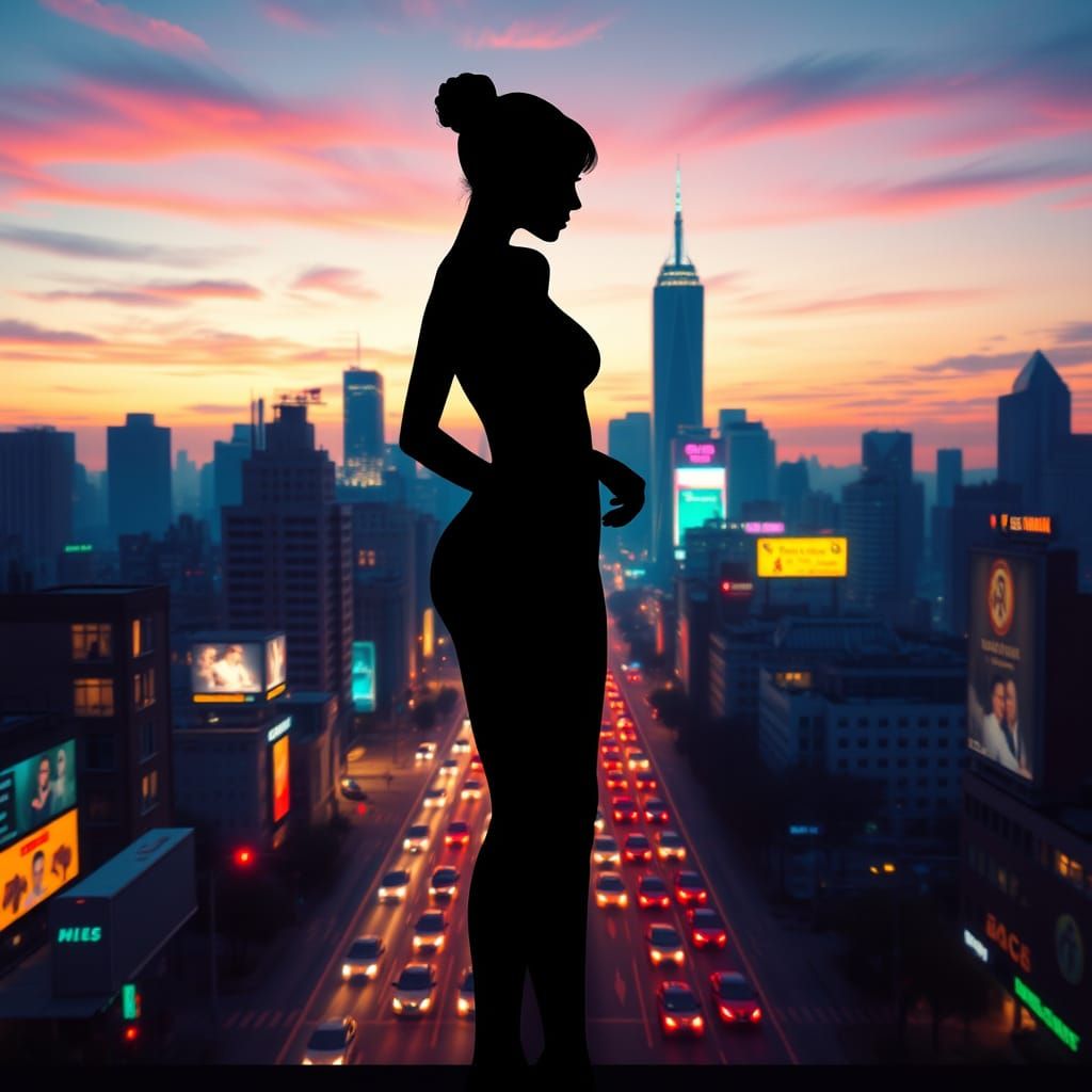A Woman's Angular Silhouette Against a Vibrant 3D Cityscape ...