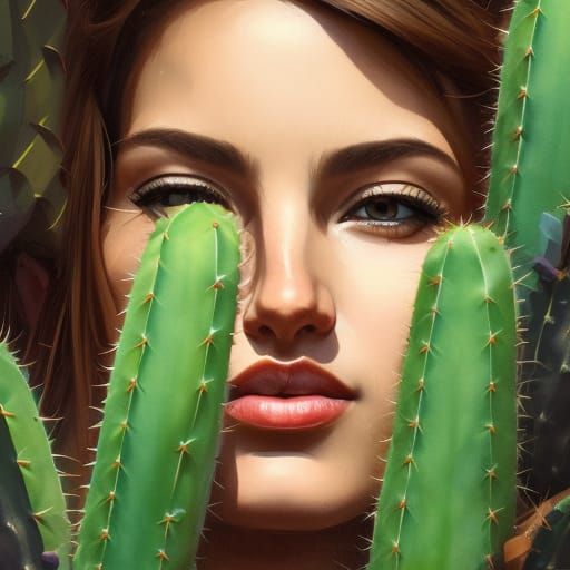 Latina Portrait with Cacti in Hyperdetailed Style