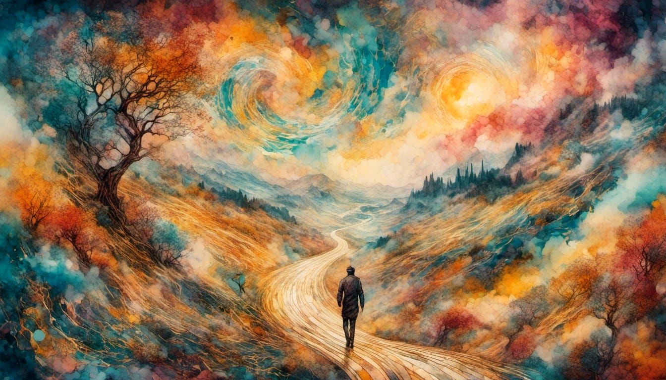 Dreamlike Figure on Pathway Between Worlds