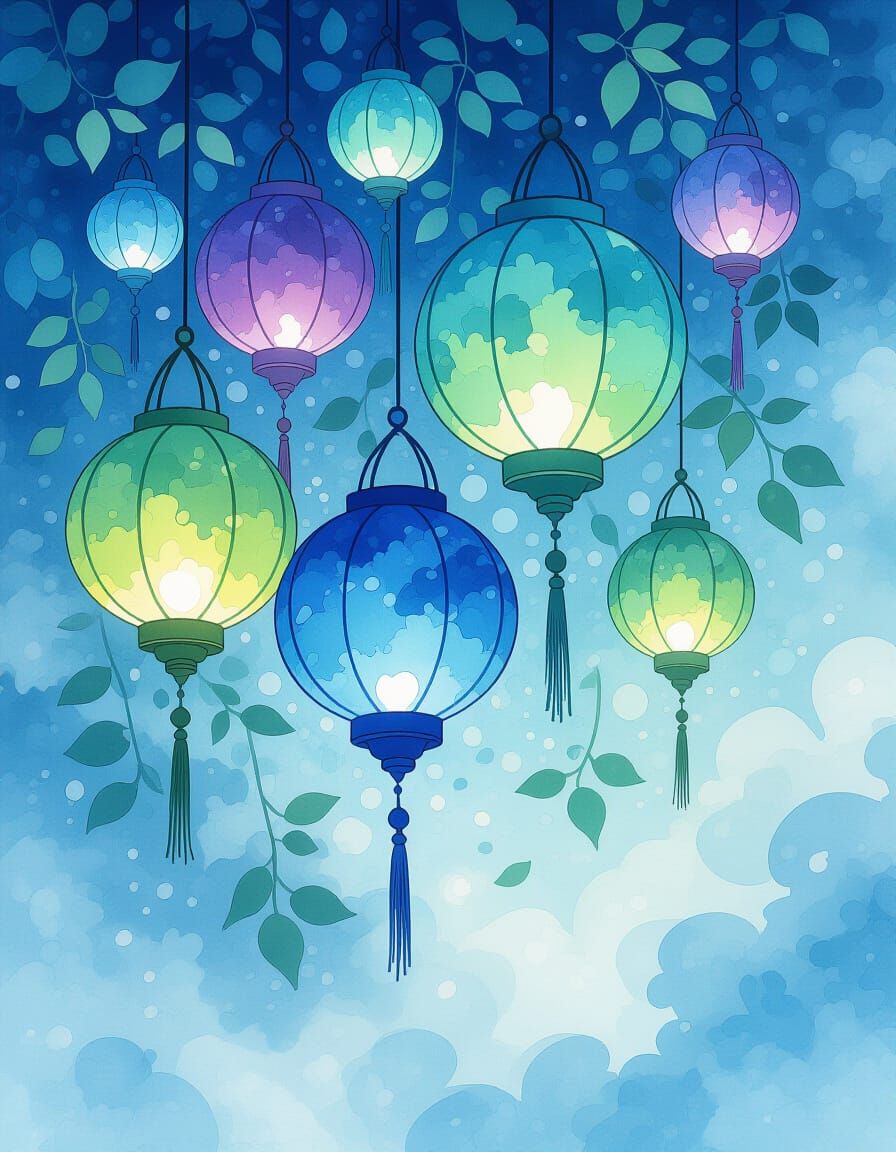 Fantasy Lanterns with Watercolor Splashes