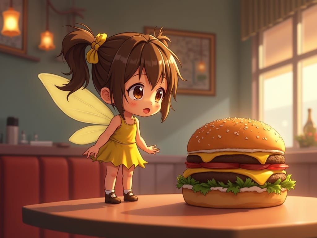 Tiny Pixie Amazed By Giant Cheeseburger in Diner
