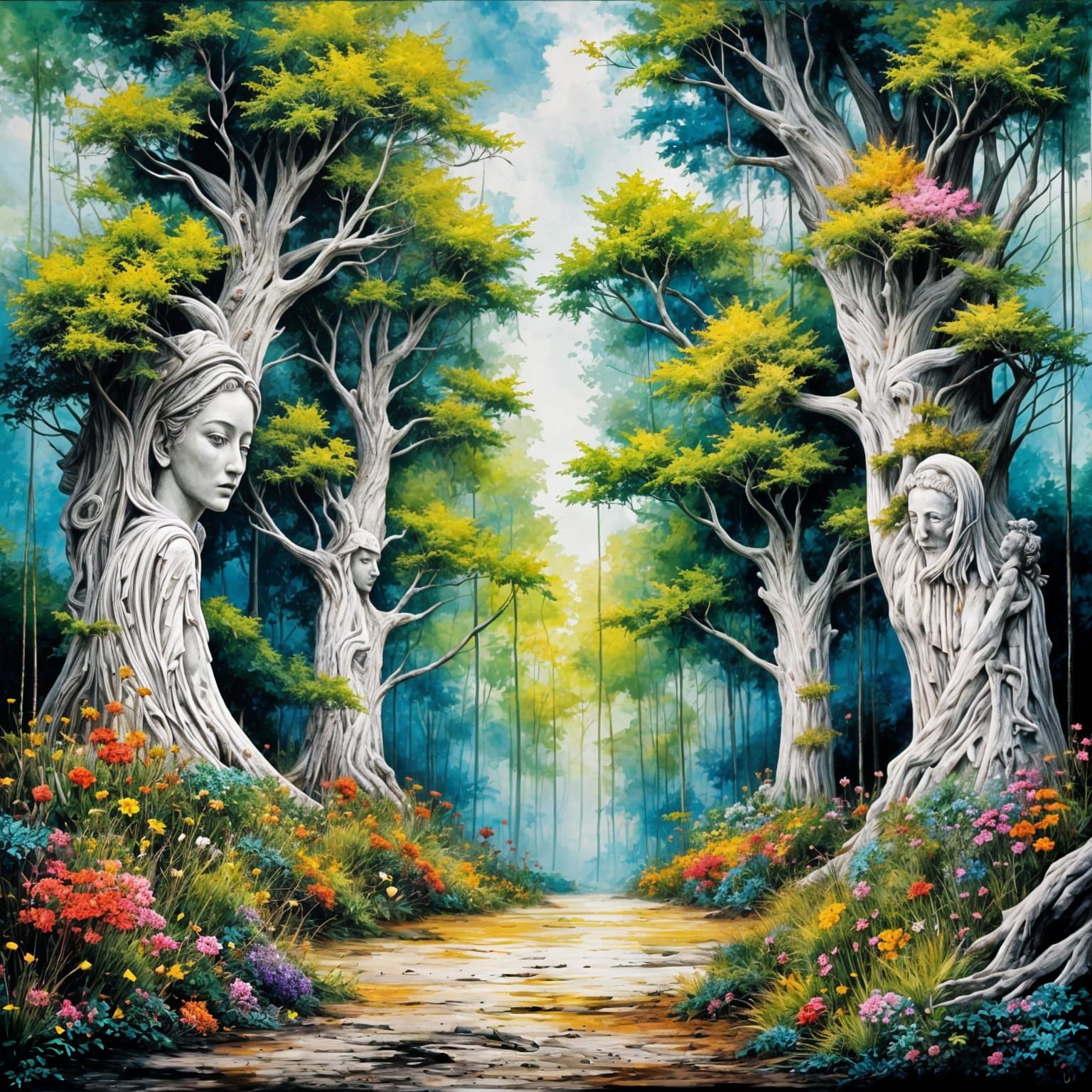 Surreal Garden of Ancient Statues in Vibrant Acrylic Paint