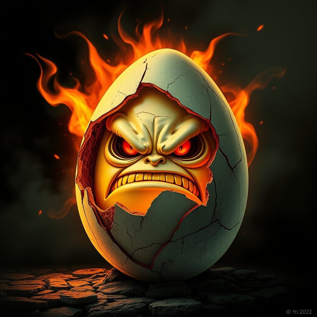 Angry Egg with Fiery Aura in Gritty Style
