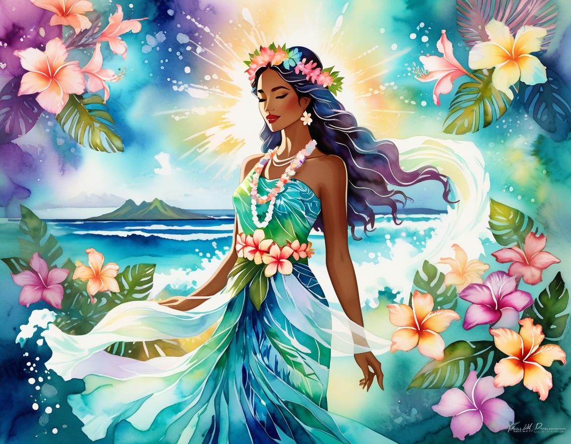 Goddess Laka in a Pastel Watercolor Landscape