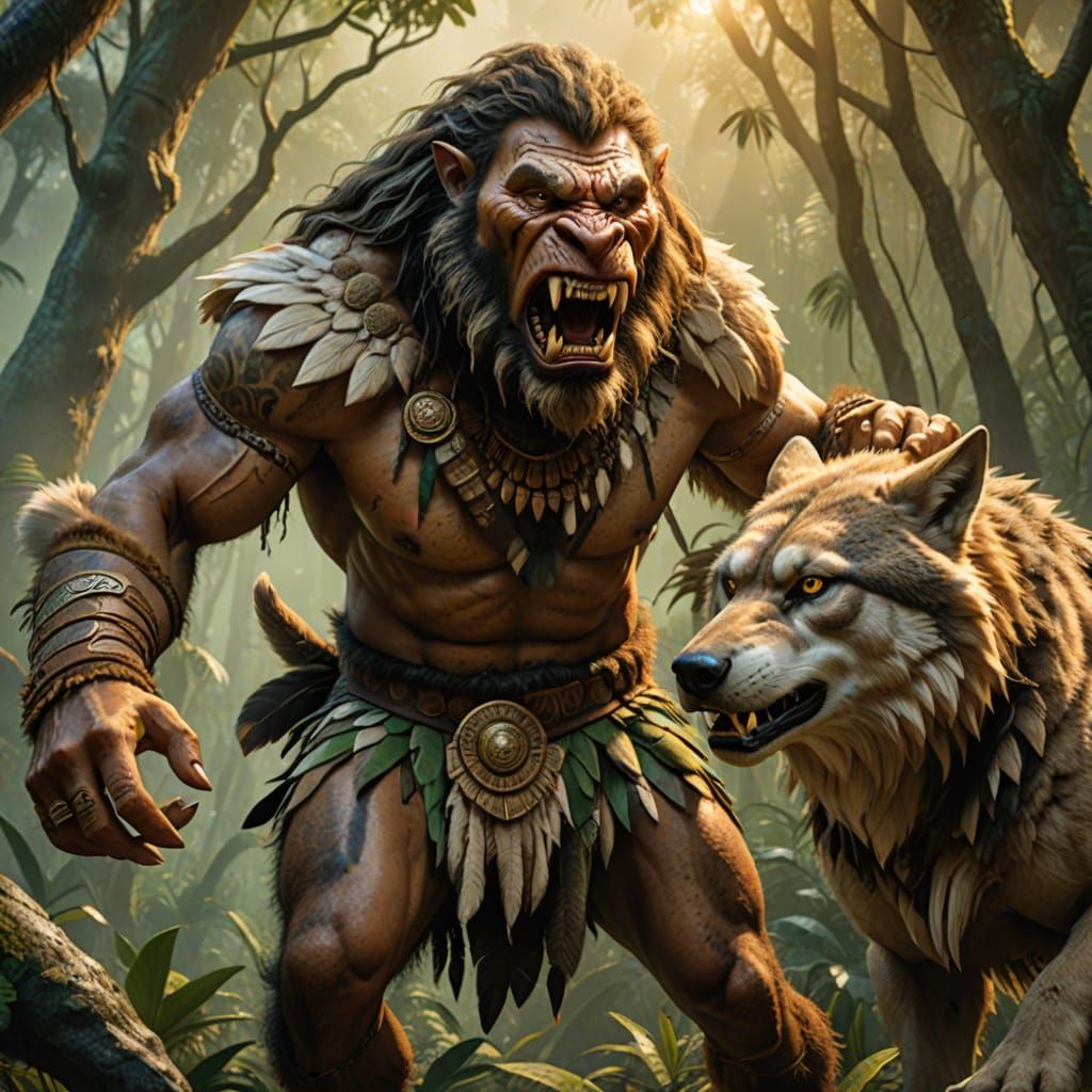 Neanderthal Warrior Battles Cryptid in Misty Jungle, 3D Art