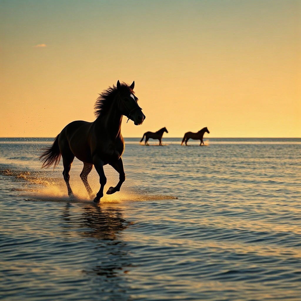Powerful Horse Silhouette Galloping on Seashore at Sunrise