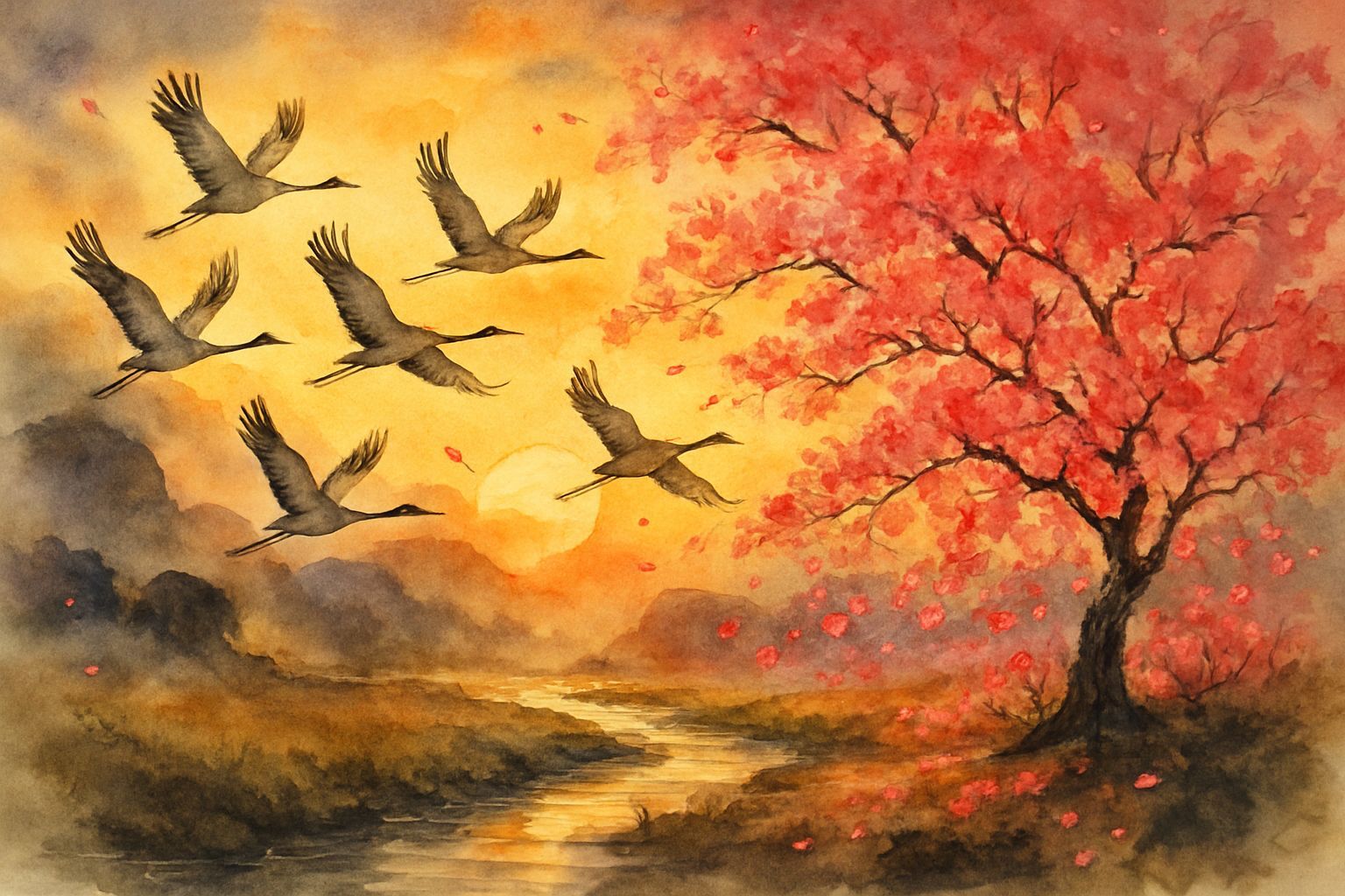 Elegant Cranes in Mystical Sunrise Landscape