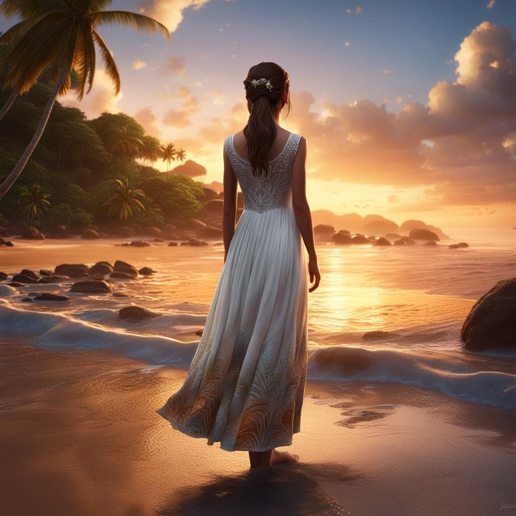Girl in White Dress at Tropical Sunset