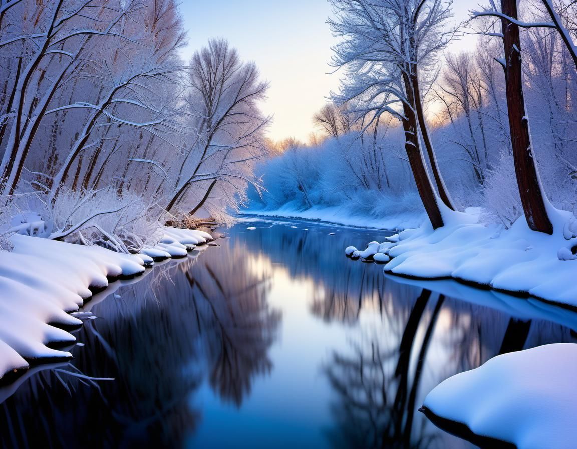 Winter Landscape with Snowy River and Frozen Trees