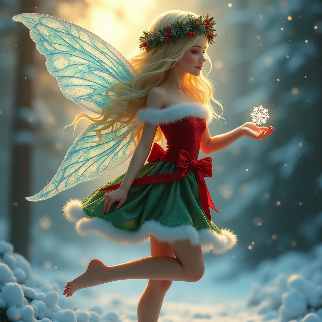 Christmas Fairy in Frosty Glass Wings, Velvet Dress, and Hol...