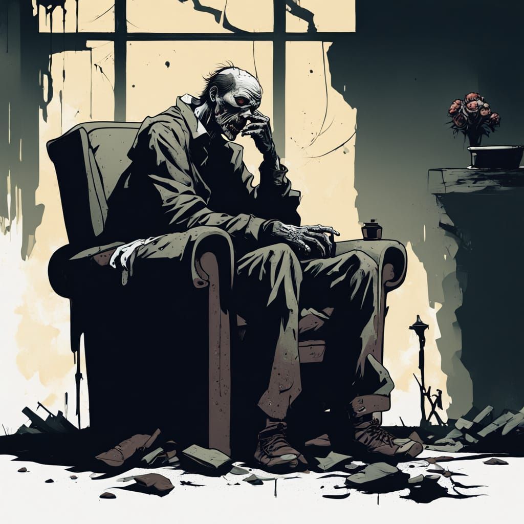 Zombie Contemplates Wilting Flower in Gritty Realism