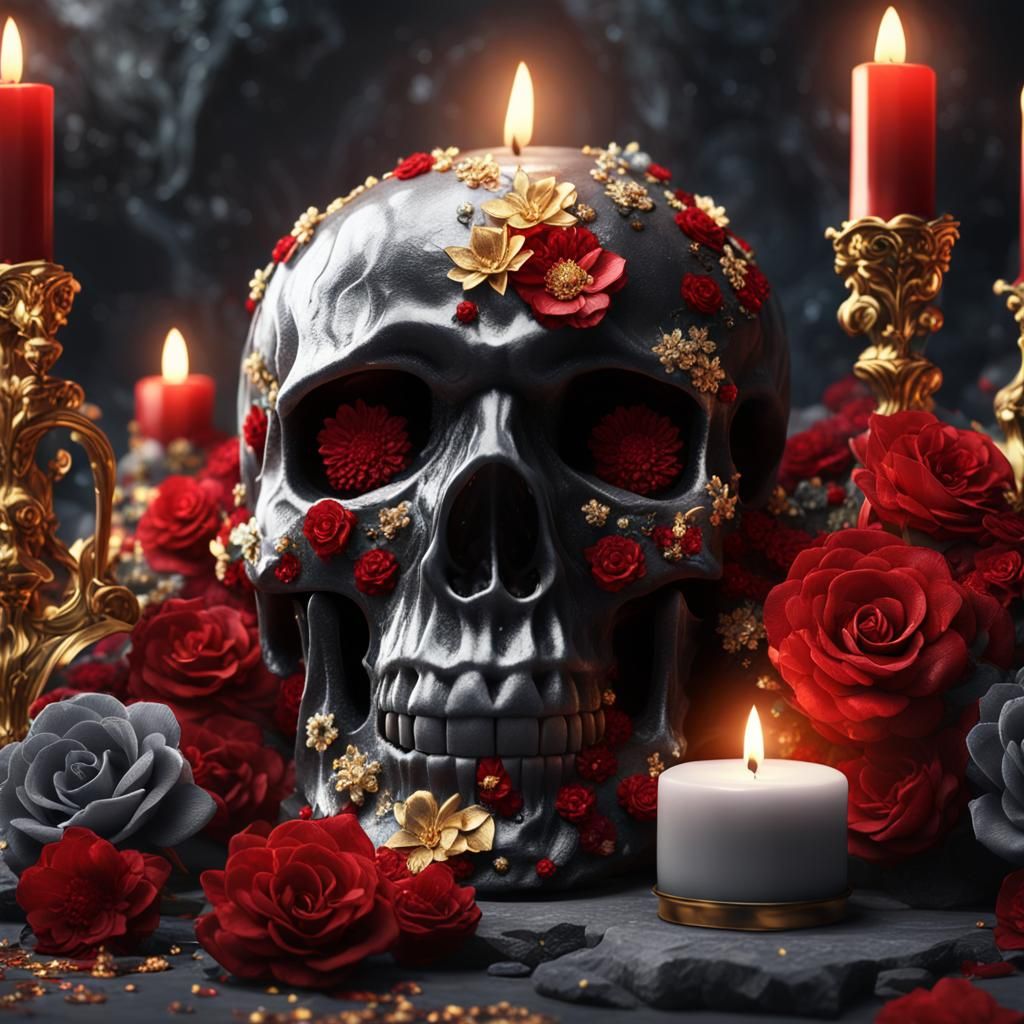Crystal Skull Candles with Flowers: Detailed Digital Art