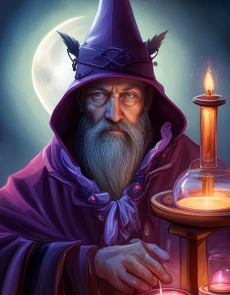 A magical fantastical illustration of a Wizard surrounded by magic potions cosmic magic in the air, purple cloak and poi...