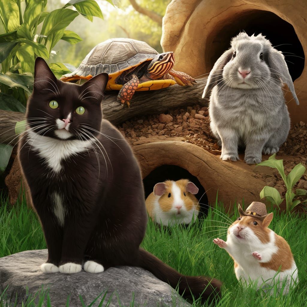 Whimsical Pets Posing in Golden Sunlight