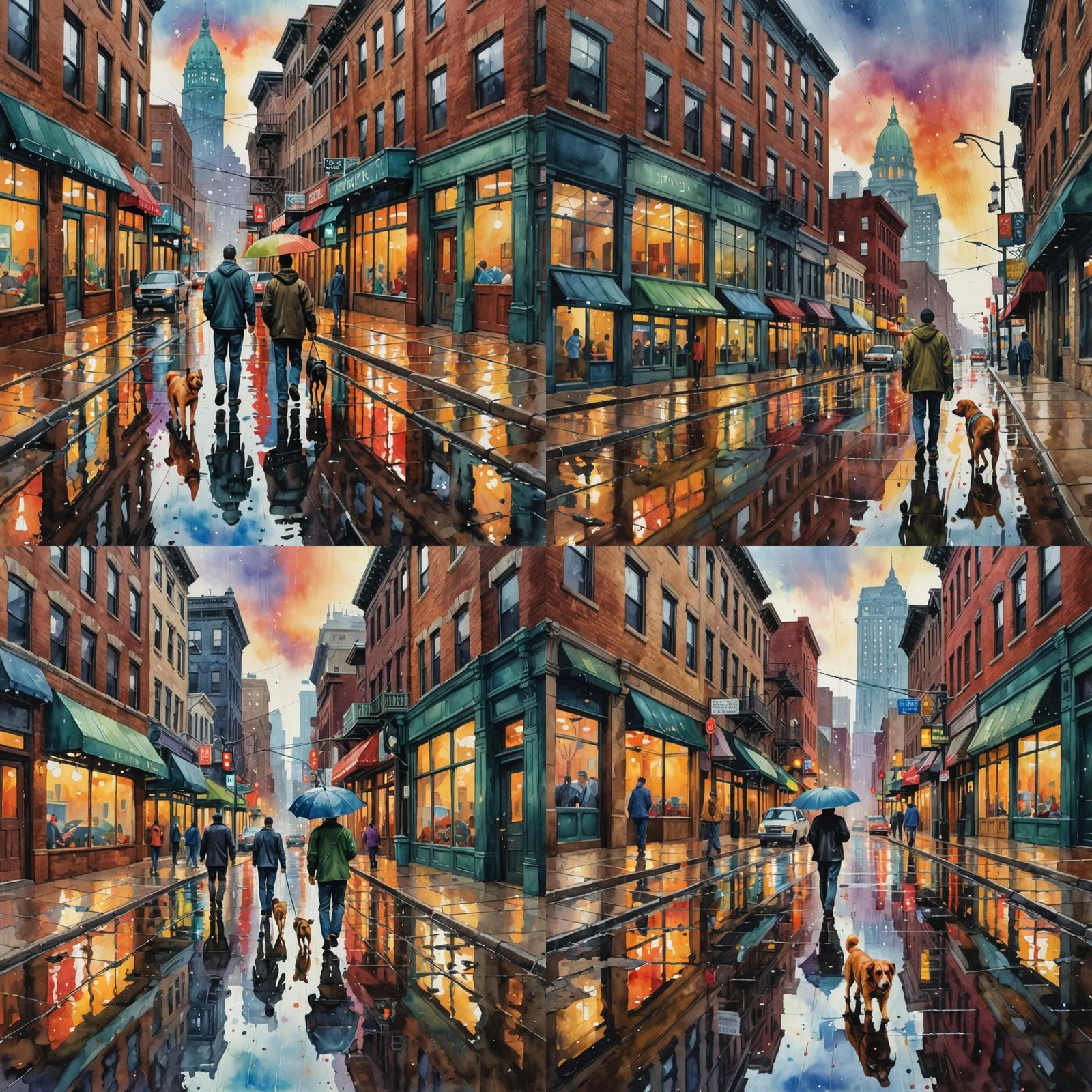 watercolor painting of  Kansas city, rainy day atmosphere