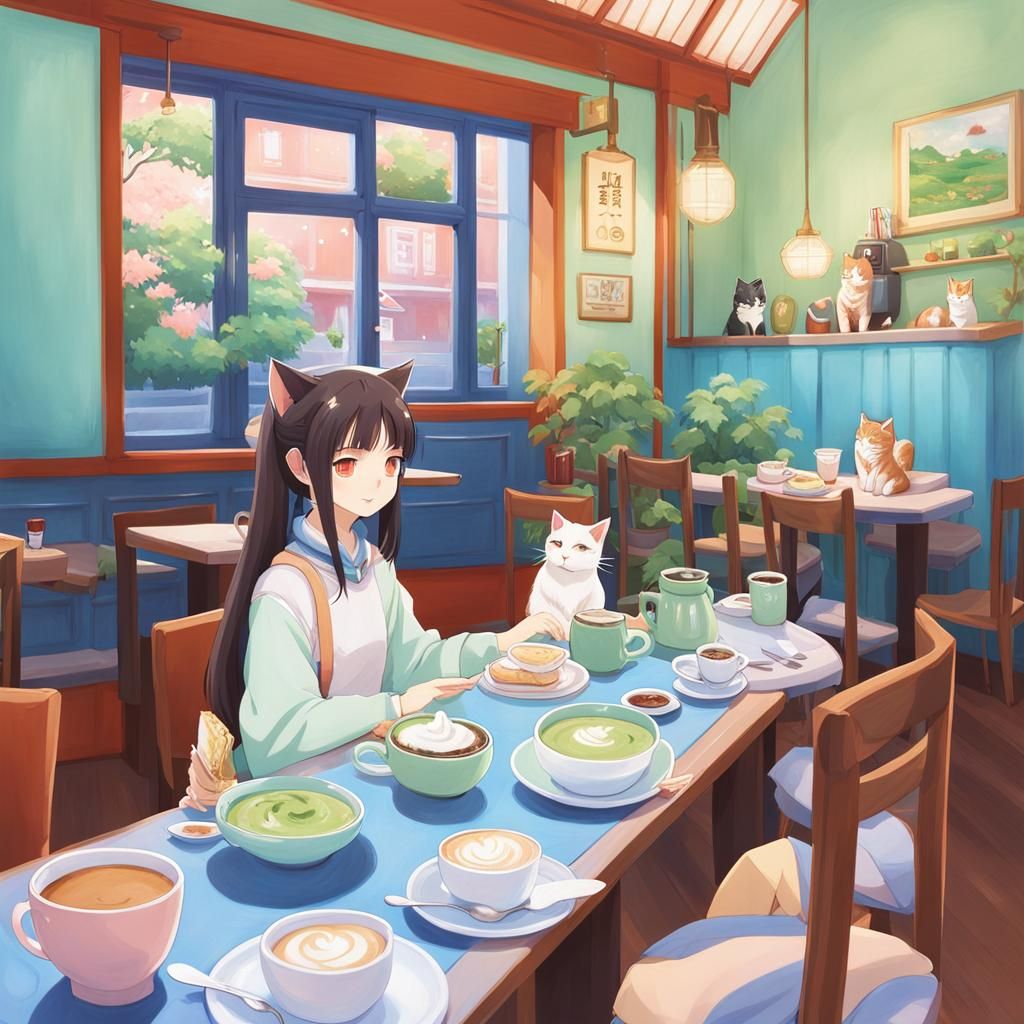 Anime Girl in Japanese Cat Cafe, Ghibli Style