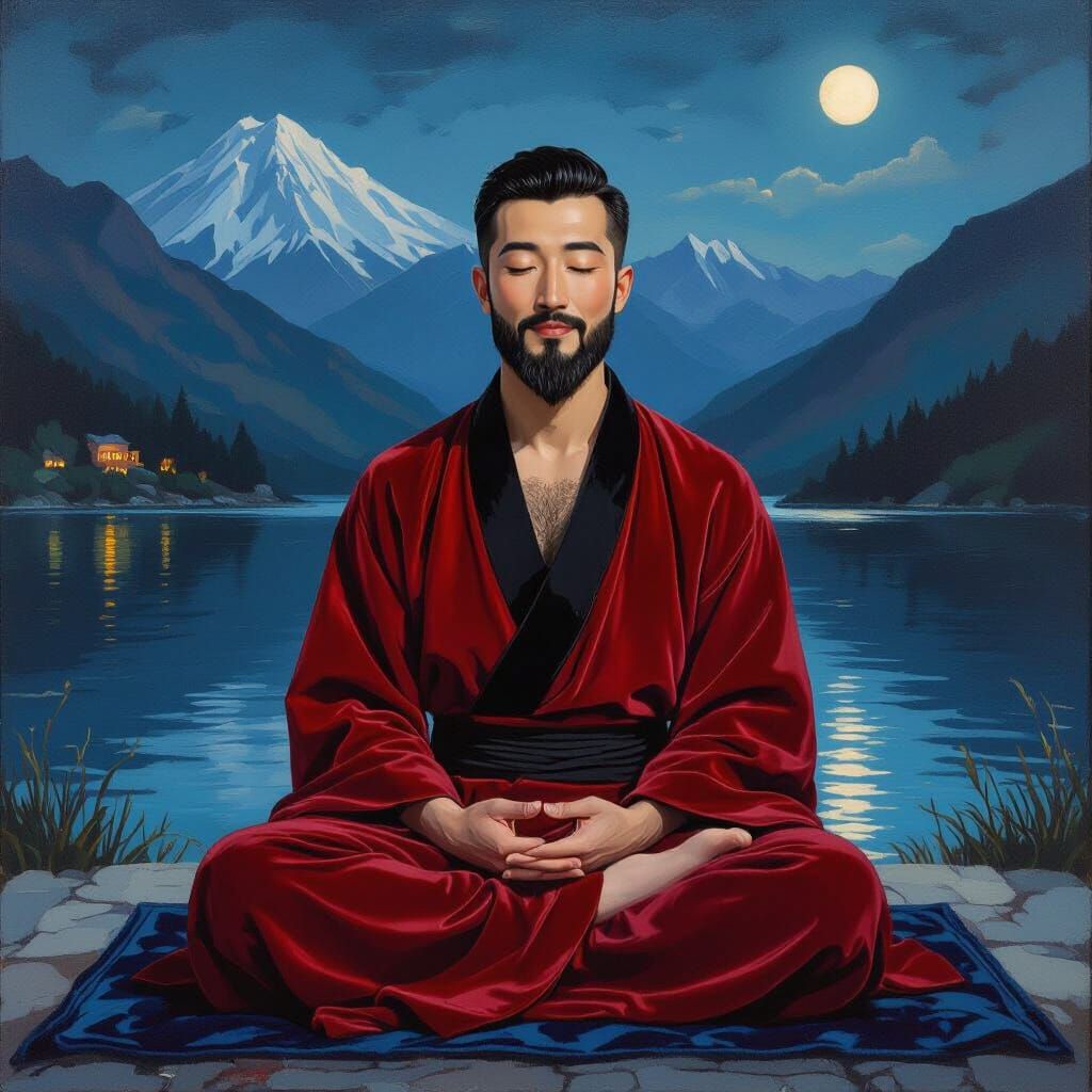 Serene Monk by Mountain Lake in Neo-Impressionist Style