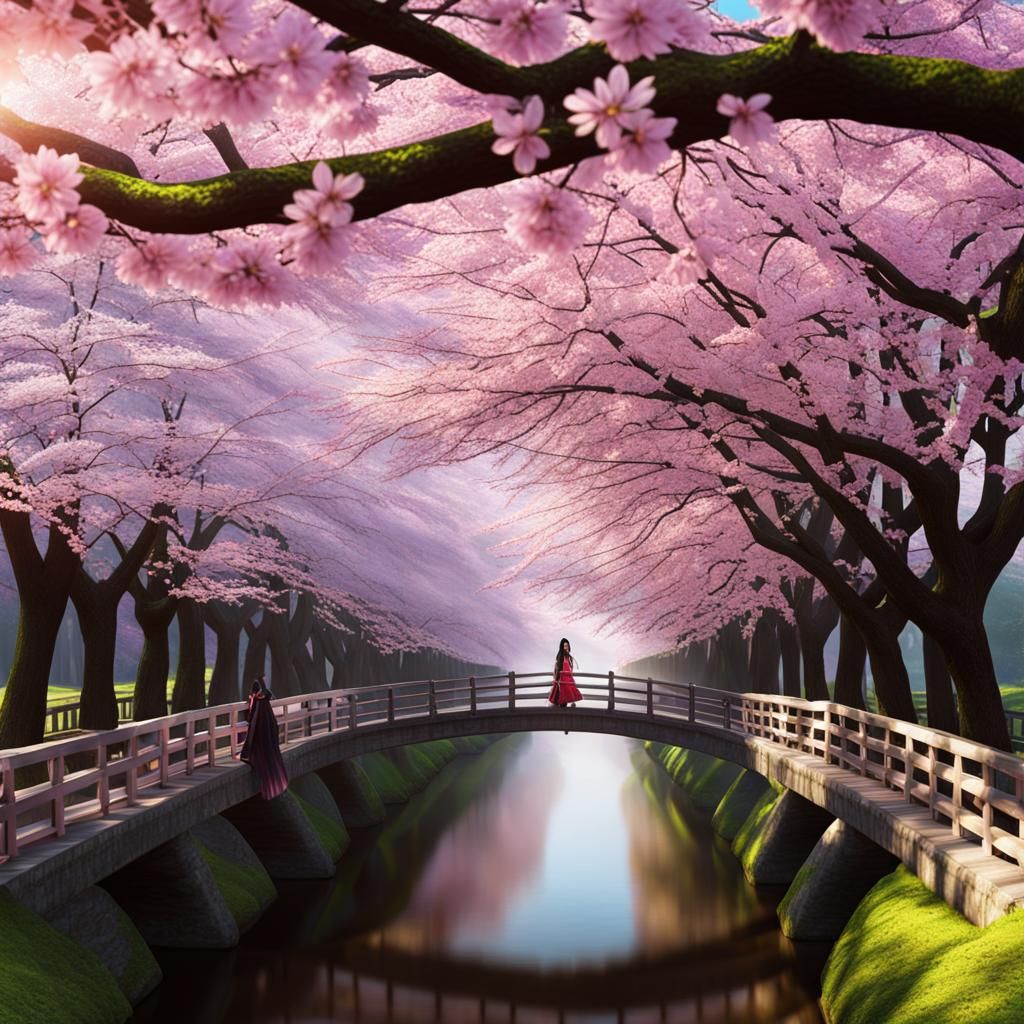 Samurai Woman Under Cherry Blossoms: Detailed Painting