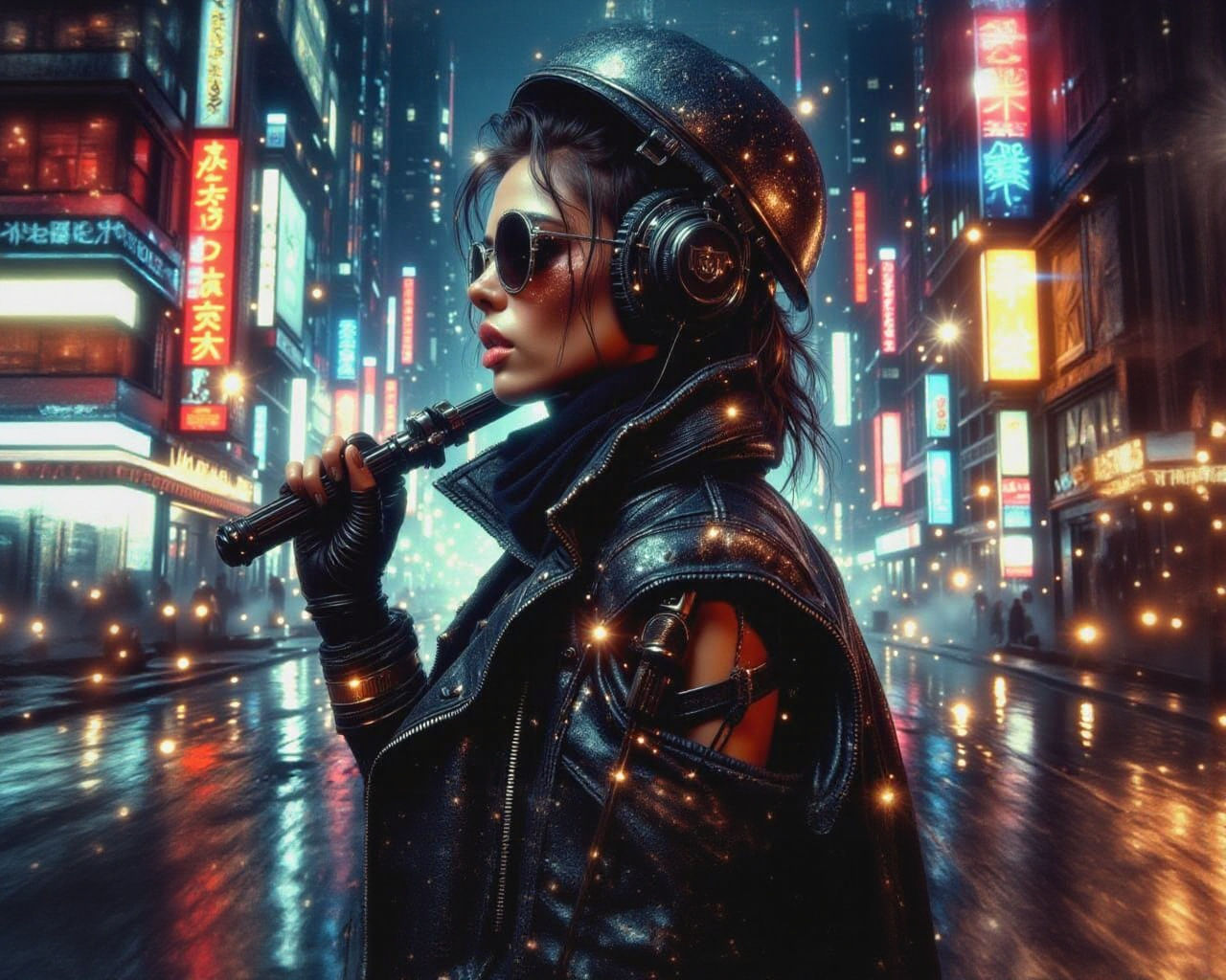 Futuristic Electrosmog Woman in Dystopian Cityscape