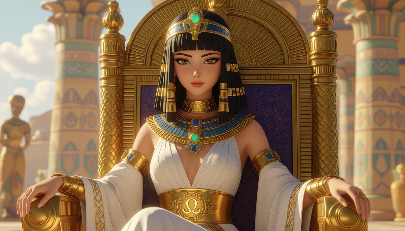 Cleopatra on Golden Throne in Anime Style