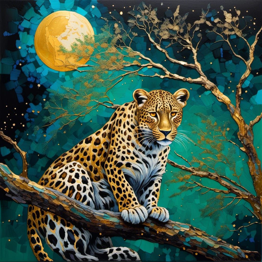 Fluffy Leopard on Branch with Golden Moon, Impasto Style