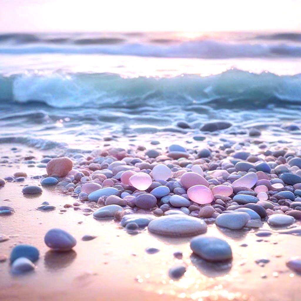 Surreal Lilac Stones on a Tranquil Beach in a Realistic Styl...