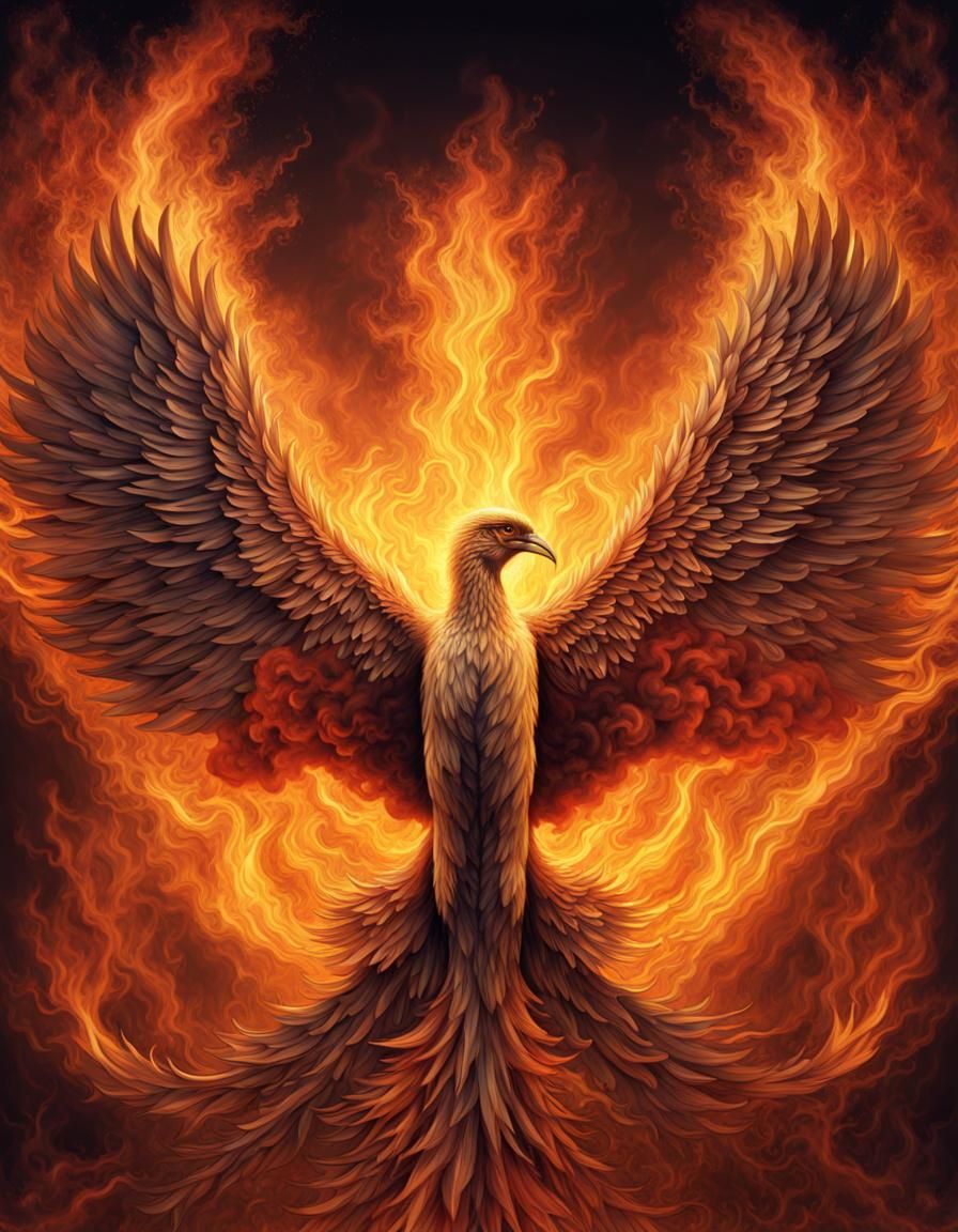 Dramatic Phoenix Rising from Ashes: Symmetrical View