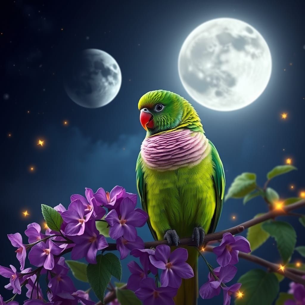 Green-Cheeked Conure on Wisteria Under Neon Planets