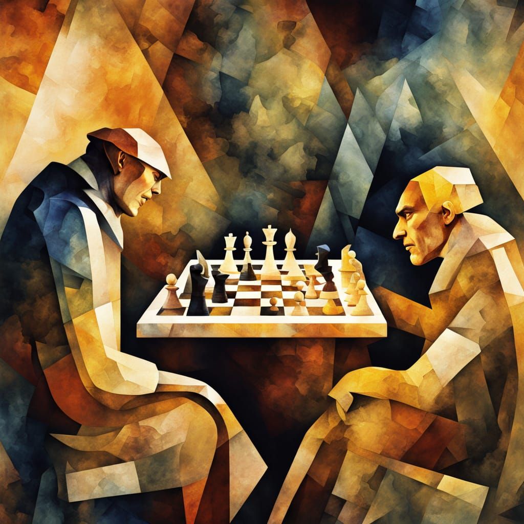 Cubist Monsters Play Chess in Watercolor Style