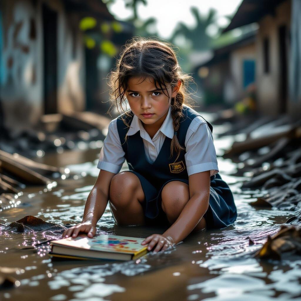 Girl Searches for Schoolbooks in Flood Debris