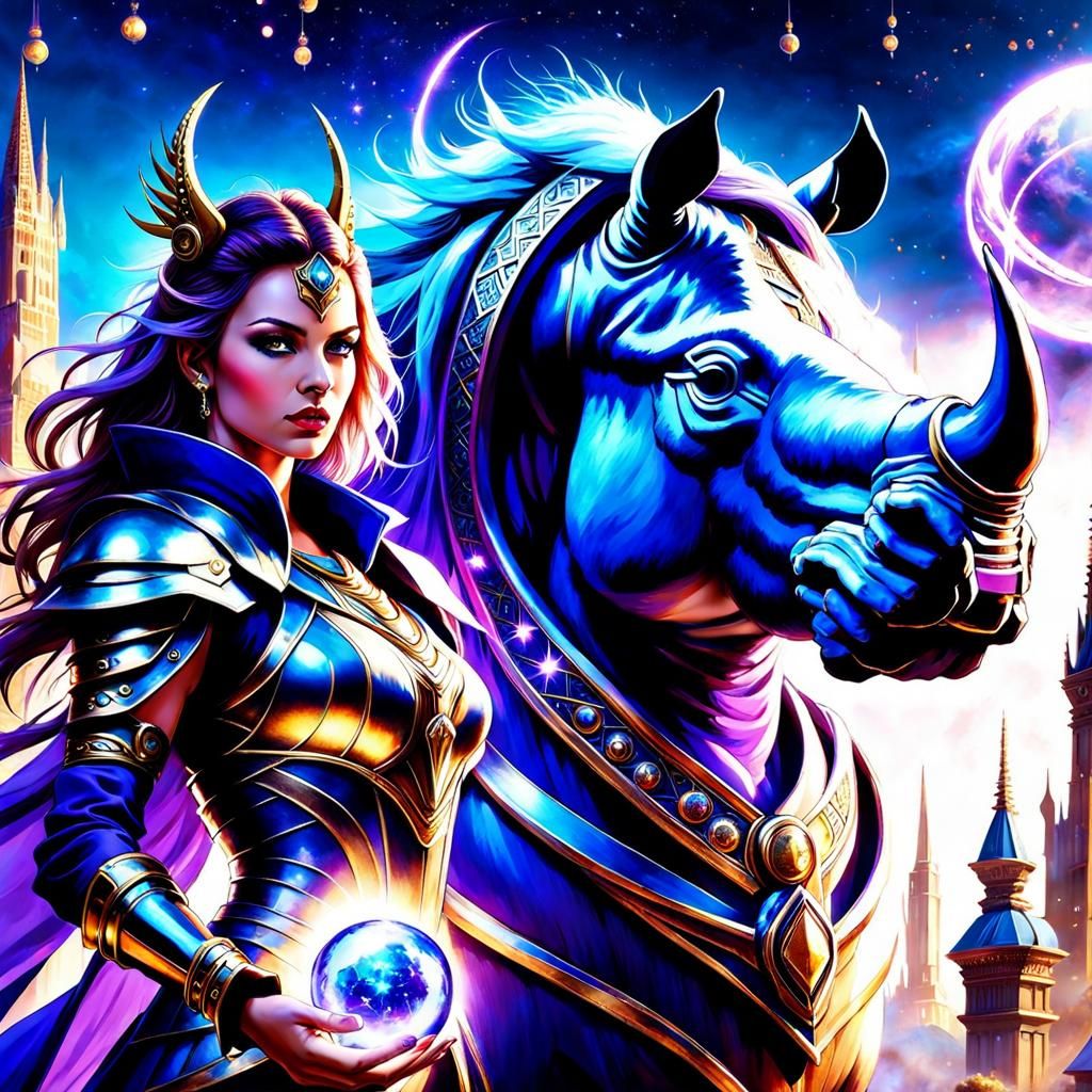 Aetherpunk Warrior Woman on Enchanted Rhino