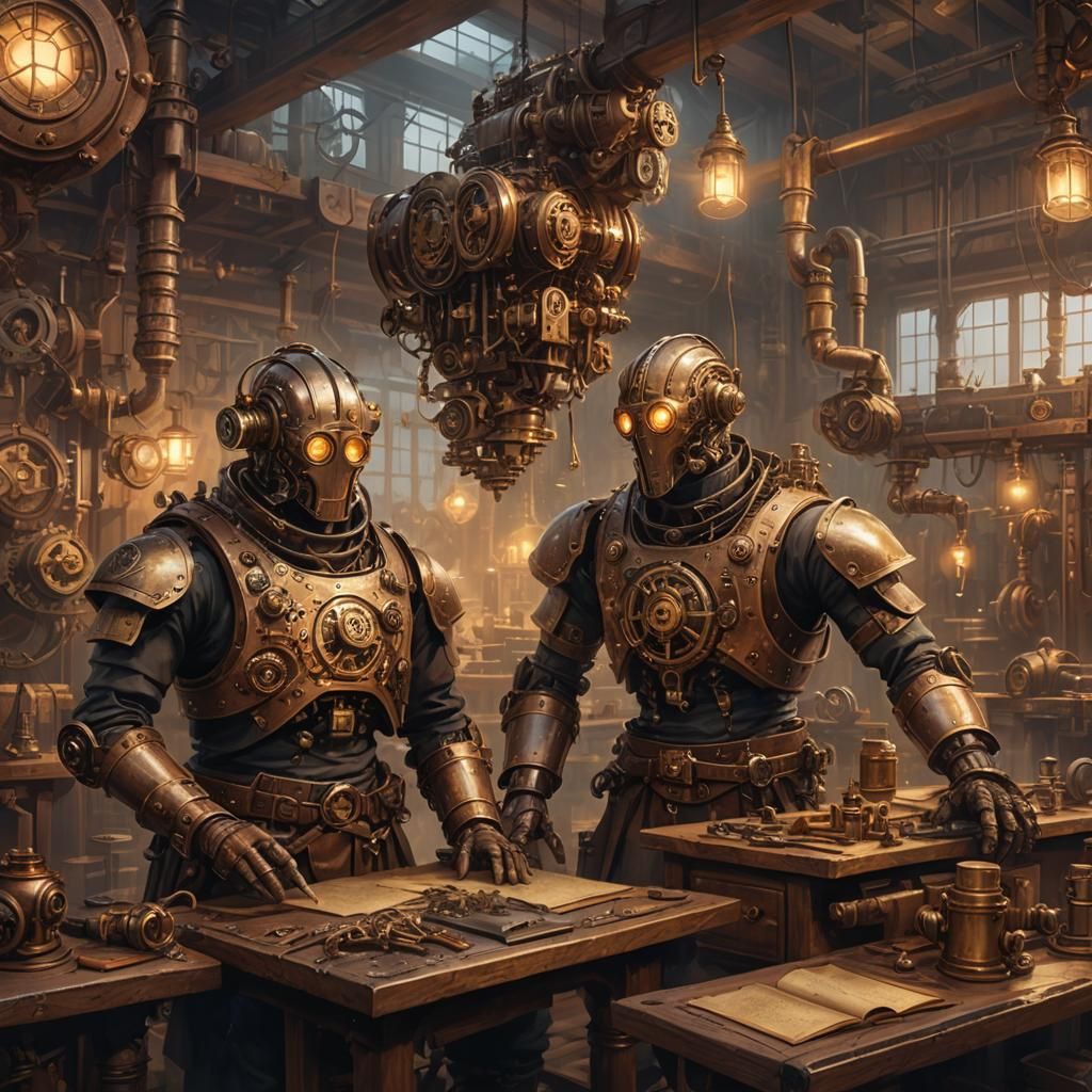 Steampunk Engineers in Dimly Lit Workshop