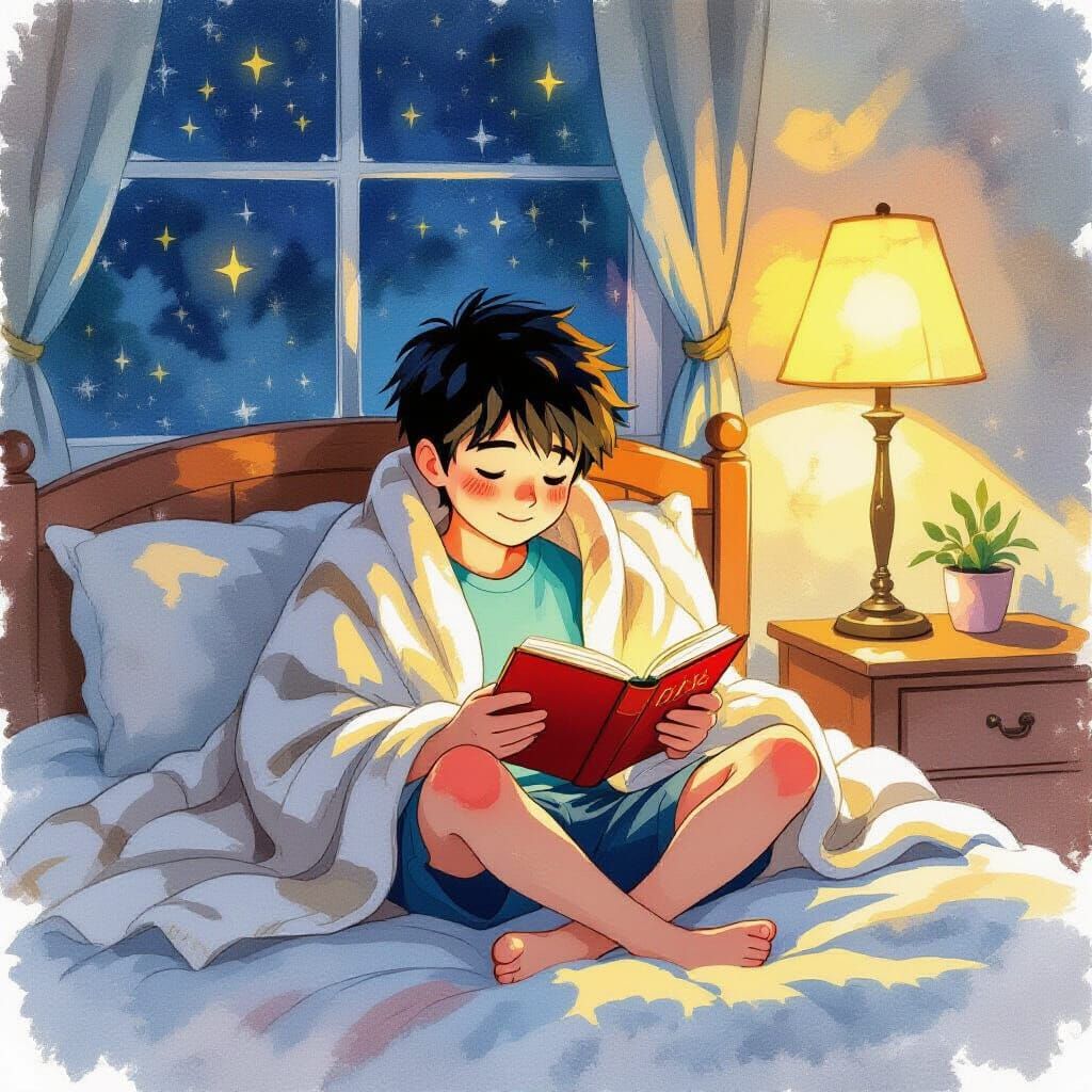 Boy Studying Through Seasons: Watercolor Illustration