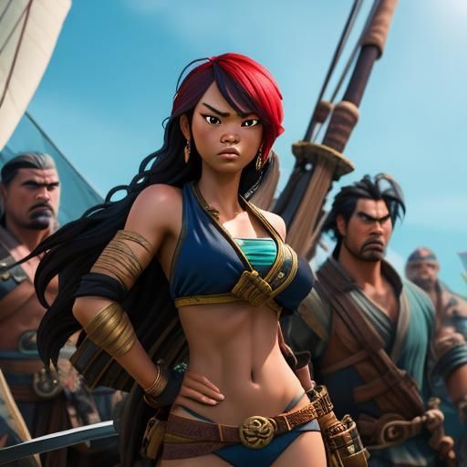 Distressed Asian Female Pirate with Swords