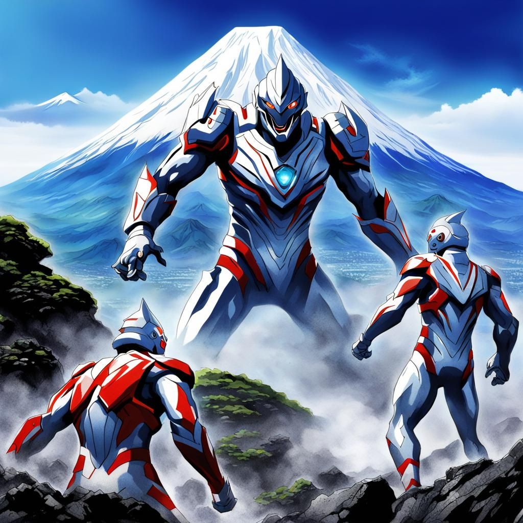 Ultraman vs Monster near Mt. Fuji in Anime Style