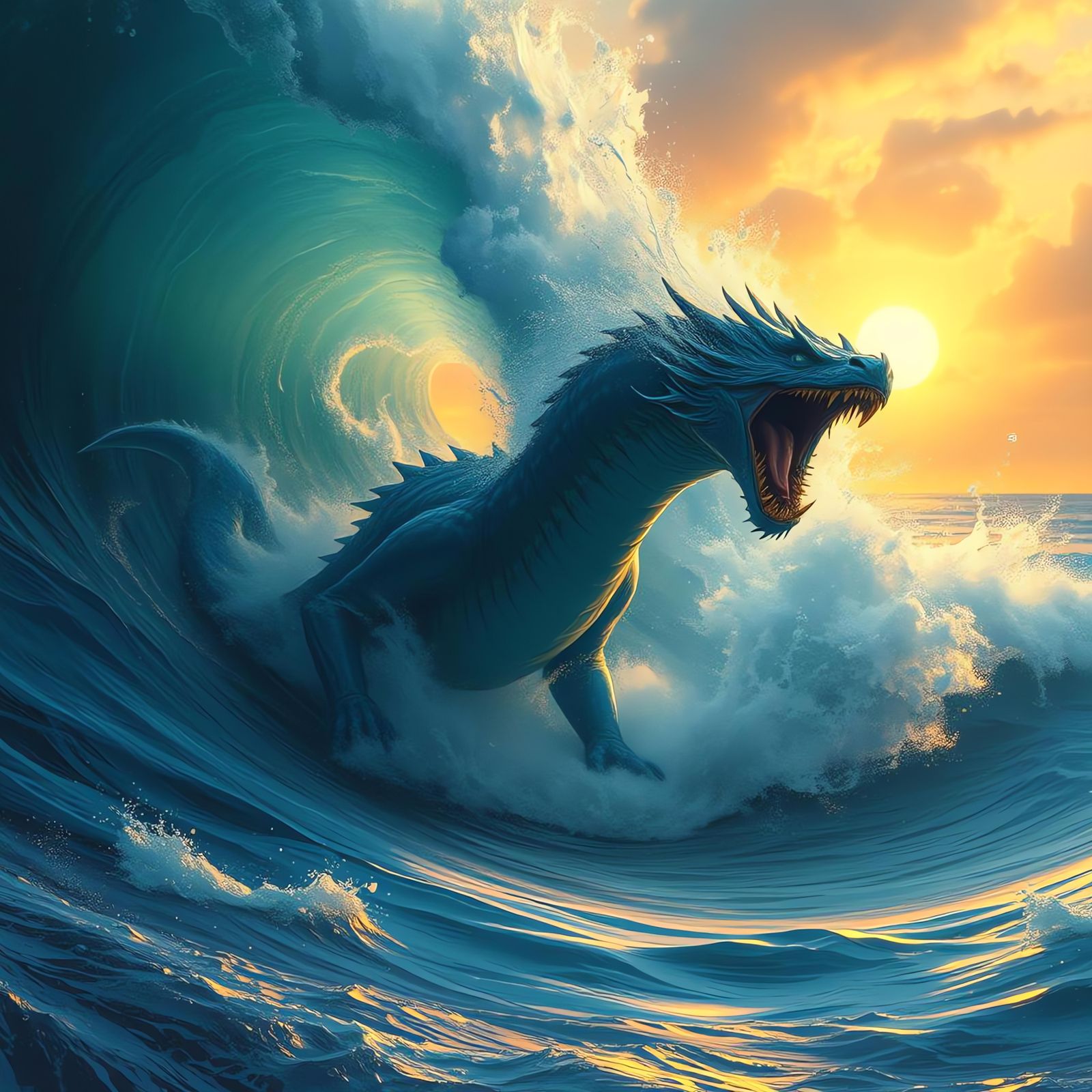 Blue Water Dragon Emerges at Golden Hour